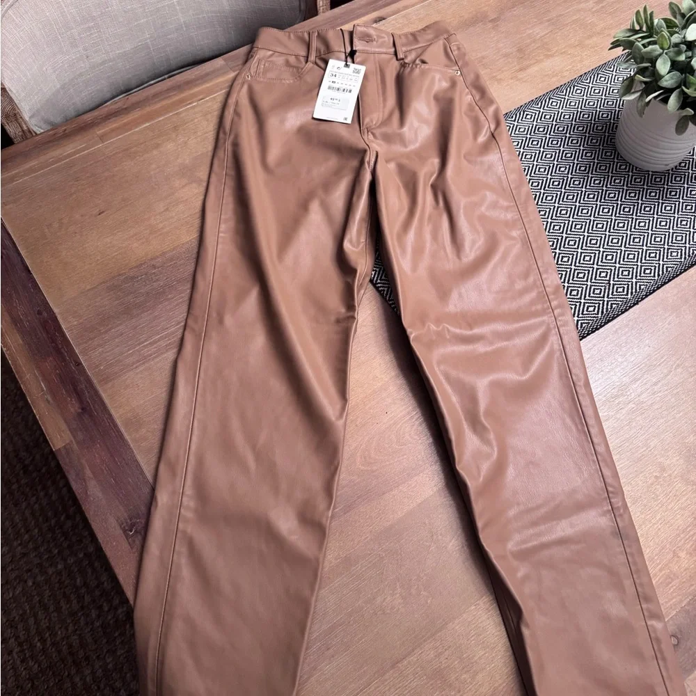Tan Faux Leather Pants - Picture 1 of 3